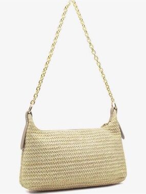 Woven Straw Shoulder Bag with Gold Chain Strap - Beige